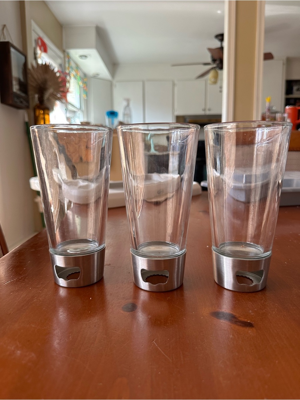 Clear Glass Tumbler with Silver Base built in bottle opener- Set of 3
